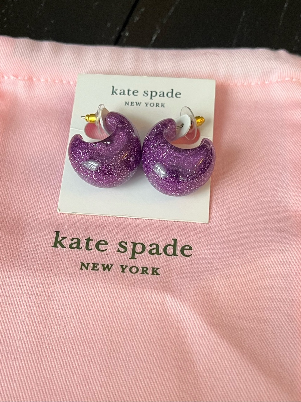 Kate Spade Purple Glitter Crescent Hoop Earrings